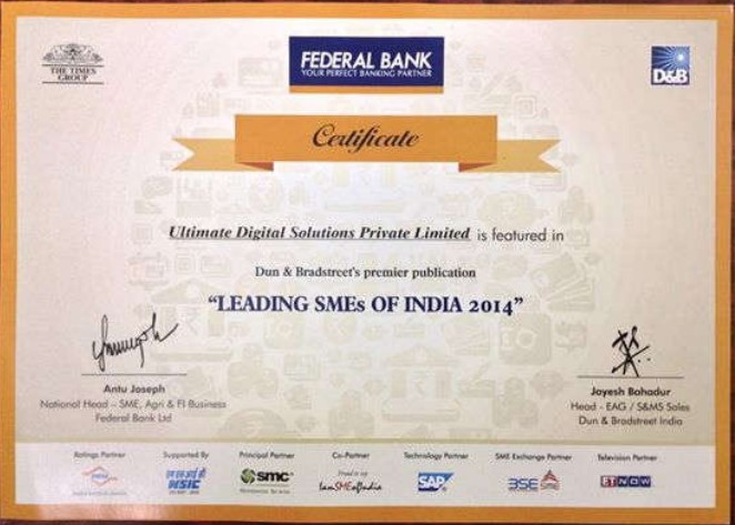 Leading SME of India Award Certificate